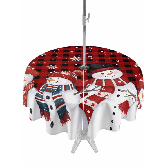 Outdoor Table Cloth with Umbrella Hole and Zipper, Red Plaid Christmas Snowman Waterproof Round Tablecloth 54 Inch, Snowflake Winter Washable Table Cover for Outside Party Patio Picnic
