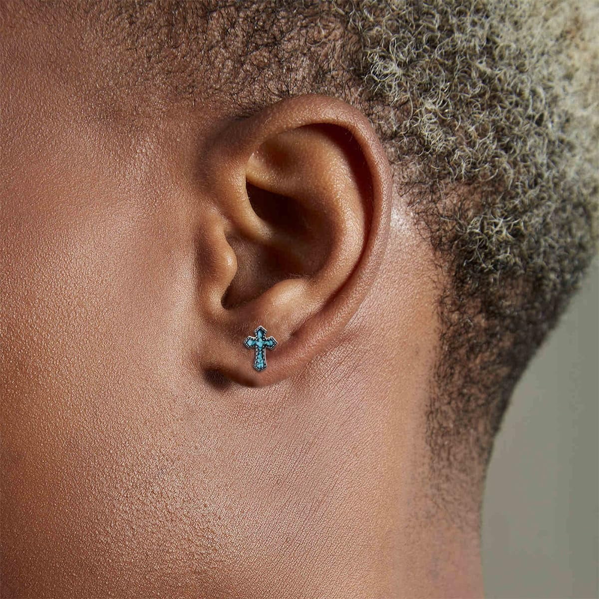 Cross Stud Earrings with Turquoise 925 Sterling Silver Black Plated Cross Earrings Christian Jewelry for Men Women