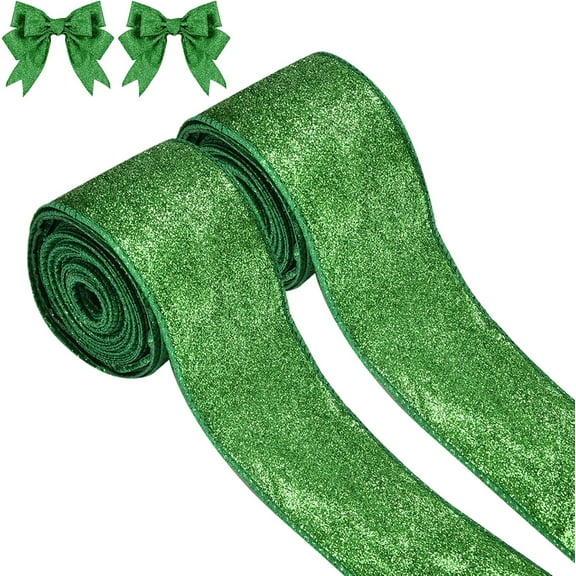 2 Rolls 20 Yards Christmas Ribbon Metallic Glitter Ribbons for Gift Wrapping, Shiny Curling Wired Edge Ribbon for Christmas Tree Wreath DIY Crafts Home Party Holiday Decoration, 2.5" x 10 Yd x 2