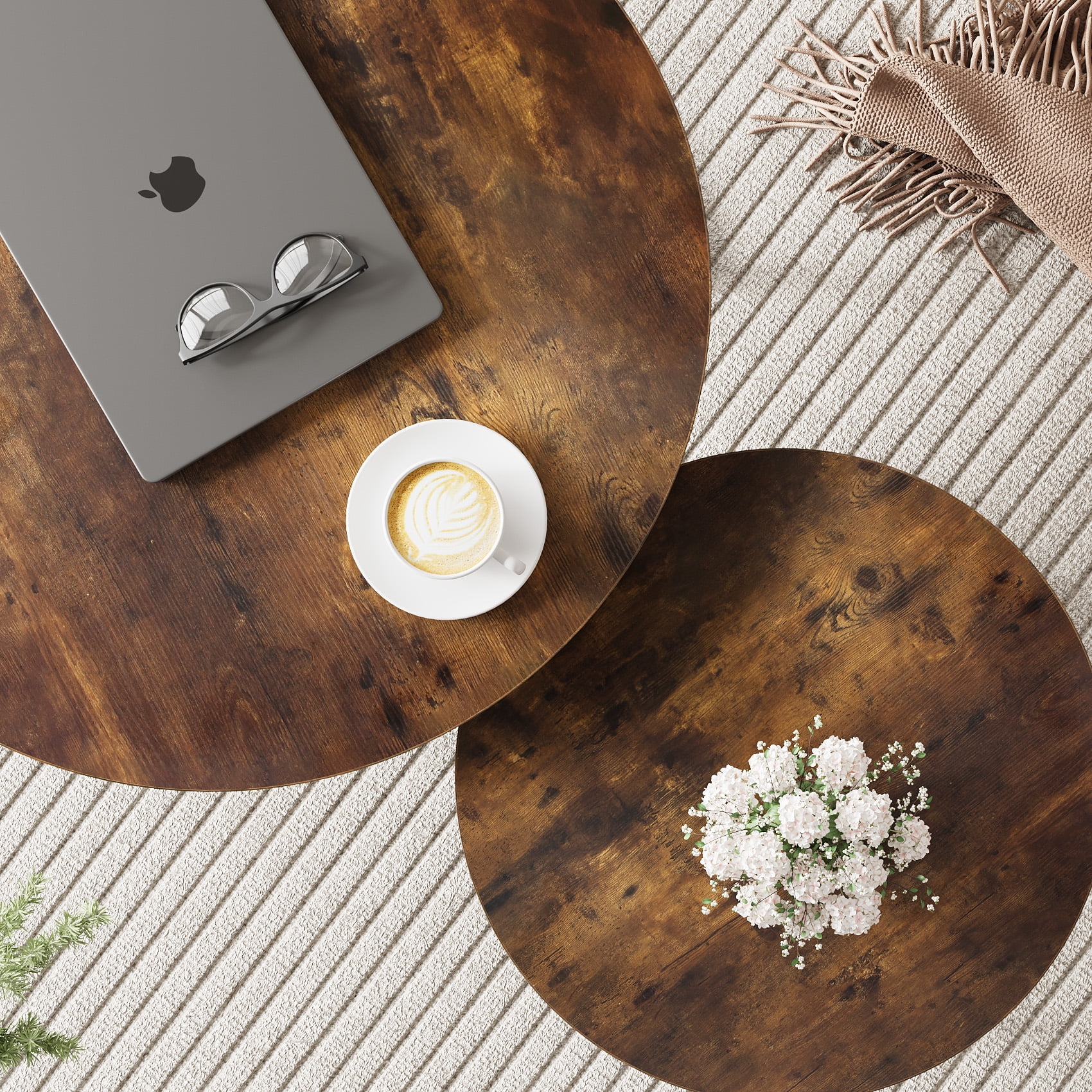 Algherohein Round Nesting Coffee Table Modern Marble Top Set of 2 for Living Room Black