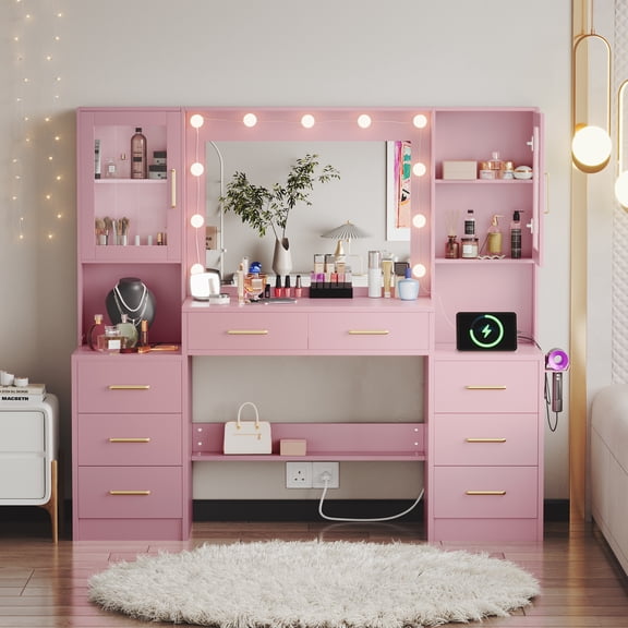 UGTOO Pink Vanity Desk with LED Lights – 8-Drawer Makeup Table, 2 Cabinets & Power Outlets (58.27"L x 15.75"W)