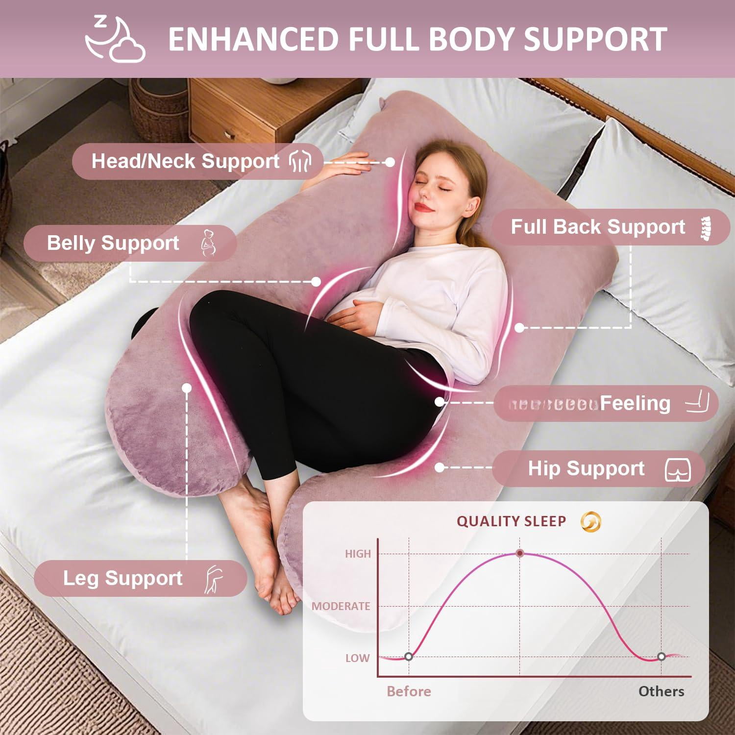 Pillow  U Shape Pillows For Sleeping 55in Body Adults Maternity Removable Cover Pink
