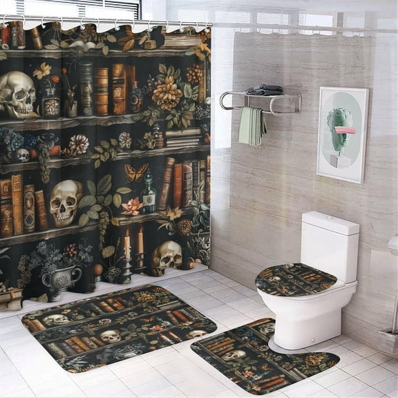 4Pcs Cartoon Library Bookshelf Shower Curtain Sets Bathroom Decor, Gothic Skull Flower Bookcase Shower Curtain with Non Slip Rug, Toilet Lid Cover, Bath Mat and 12 Hooks 72W x 72L
