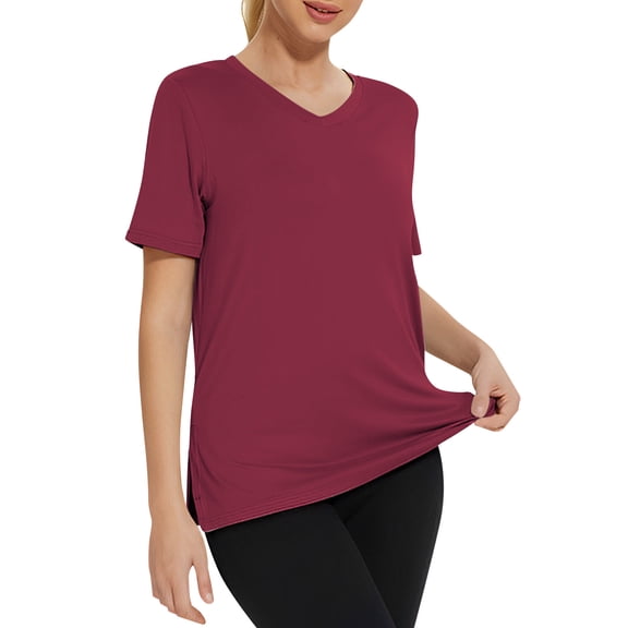 ClodeEU Women's Solid Color Short Sleeve Crewneck Loose Fit T Shirt,Casual Loose Trendy Blouse Wine,Womens Plus M