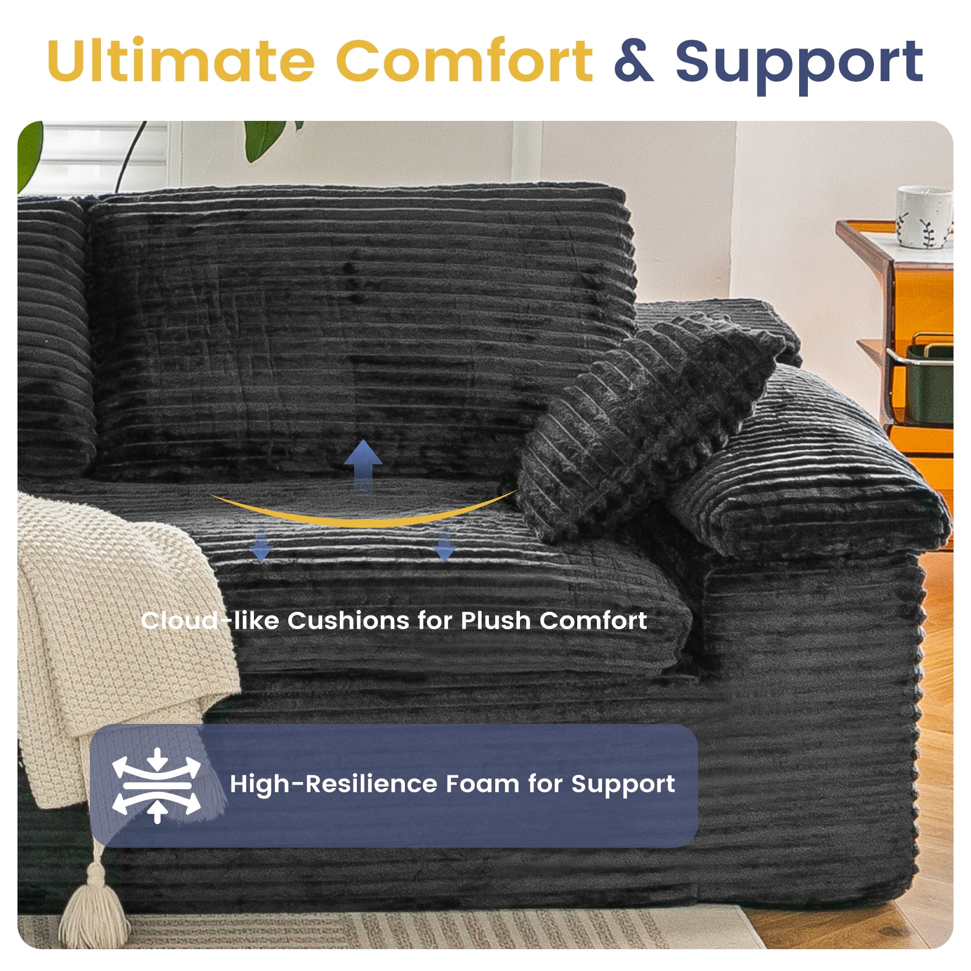 YODOLLA 110" L Shaped Modular Sectional Sofa for Living Room, Cloud Boneless Couch with Fluffy Seat Cushion, No Assembly Required, Corduroy, Black