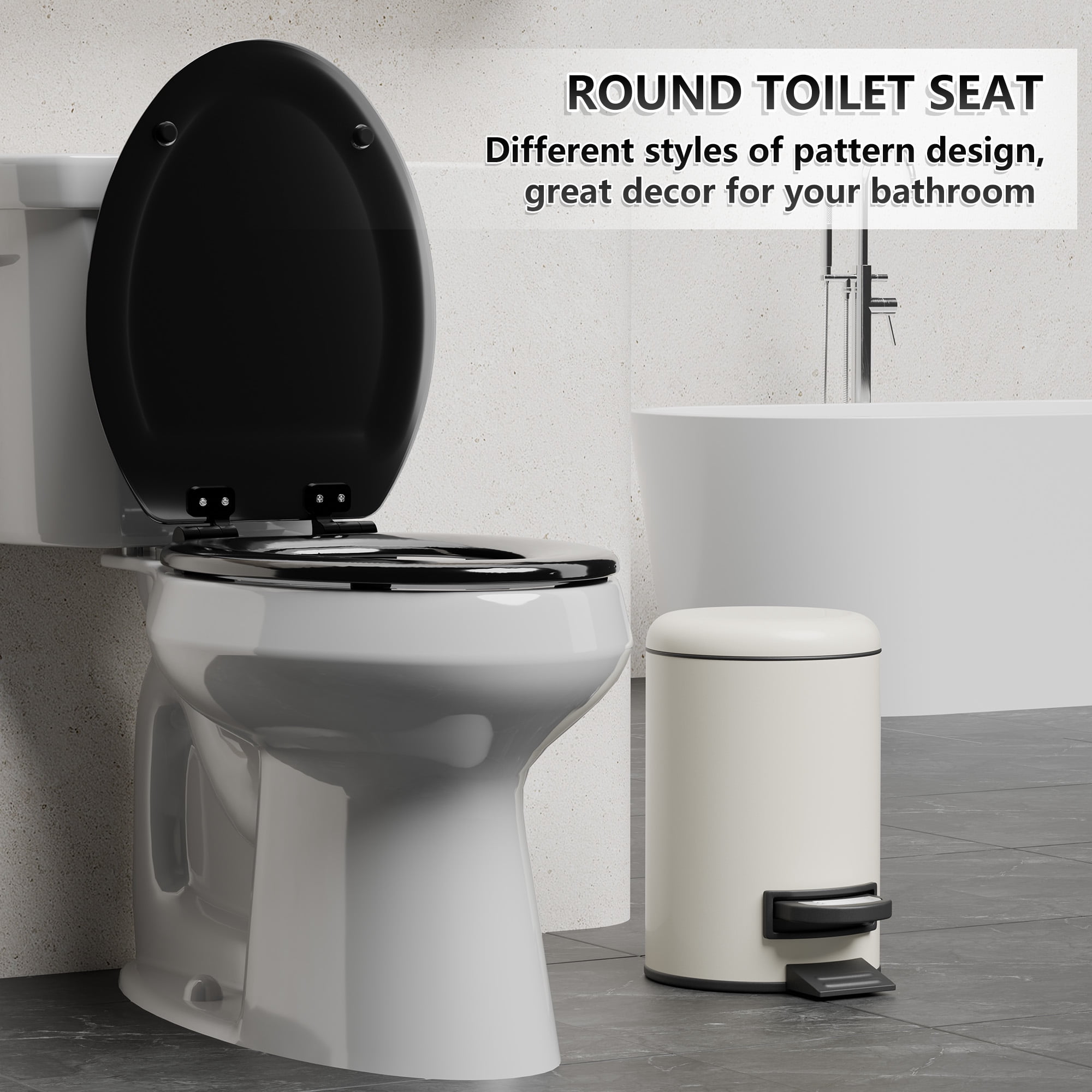 Angol Shiold Wood Toilet Seat with Non-Slip Adjustable Hinges, Quiet-Close ( Black, Elongated 18.5'' )