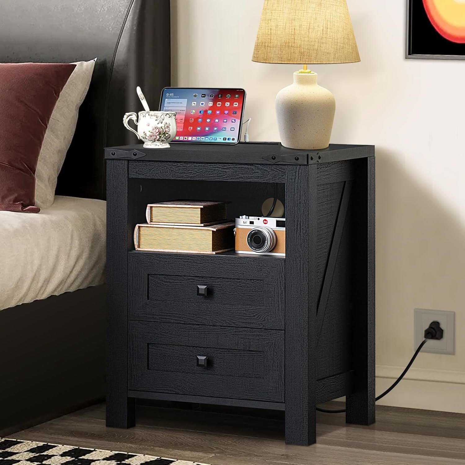 Joaxswe Nightstand with Charging Station Set of 2, 18"Wide Bedside Table with 2 Drawers & Open Shelf, Wood End Table with Storage & Metal Handle for Bedroom, Black