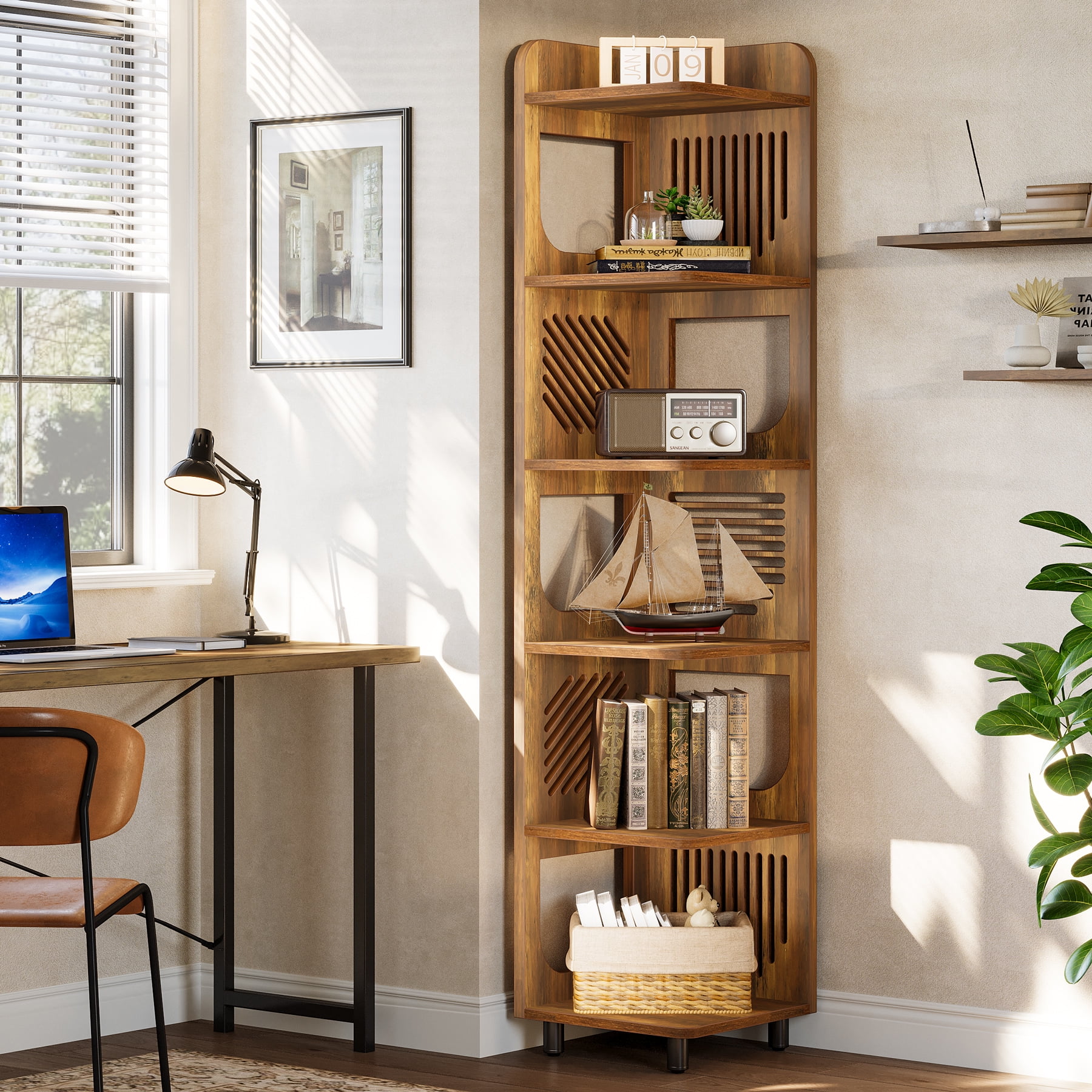 Finmind 71-Inch Rustic 6-Tier Corner Shelf Stand, Tall Narrow Corner Bookshelf Storage Rack, Plant Stand Display Shelf Organizer for Home and Office, Yellow