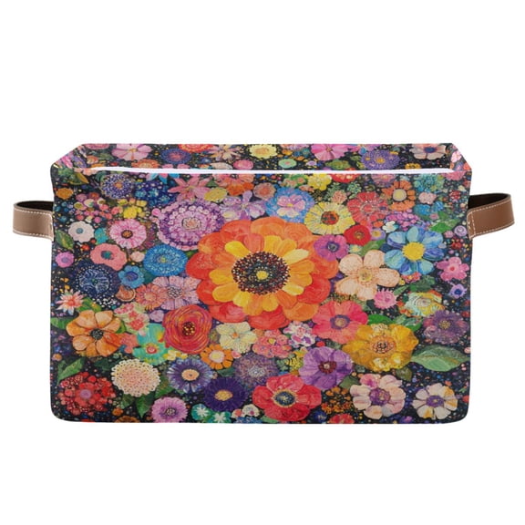WOBOGO Vibrant Floral Pattern Square Storage Basket with Waterproof Canvas and PE Lining Durable PU Leather Handles 14.2×10.2×8.3in