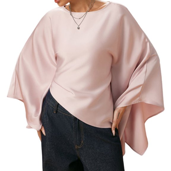 Satin Blouses for Women Batwing Sleeve Asymmetrical Tops Business Casual Outfits Pink S