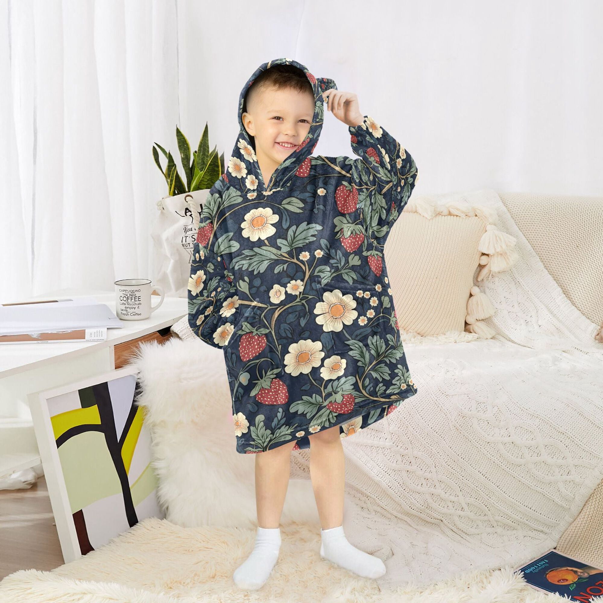 FORMRS Wearable Blanket Hoodie with Sleeves for Kids Cozy Flannel Sweatshirt, Floral Raspberry Pattern