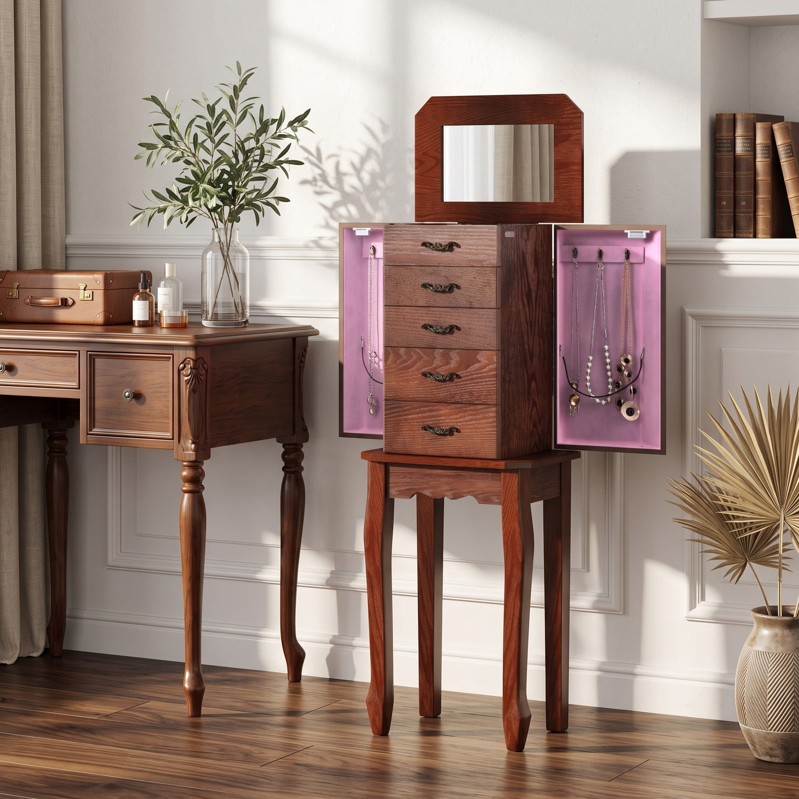 Furnibear Large Storage Capacity Freestanding Jewelry Cabinet with 5 Drawers, 2 Doors, and Top Lid Mirror for Bedroom, Walnut