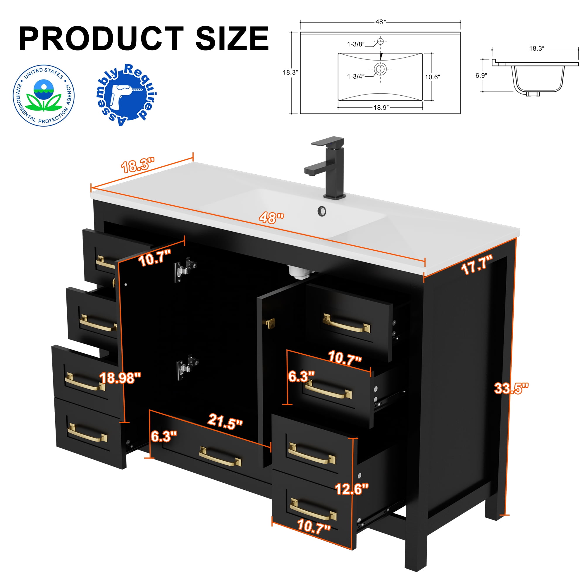 Eclife 48" Freestanding Bathroom Vanity with Integrated Sink Top, Multi-Compartment Storage, Zinc Alloy Faucet