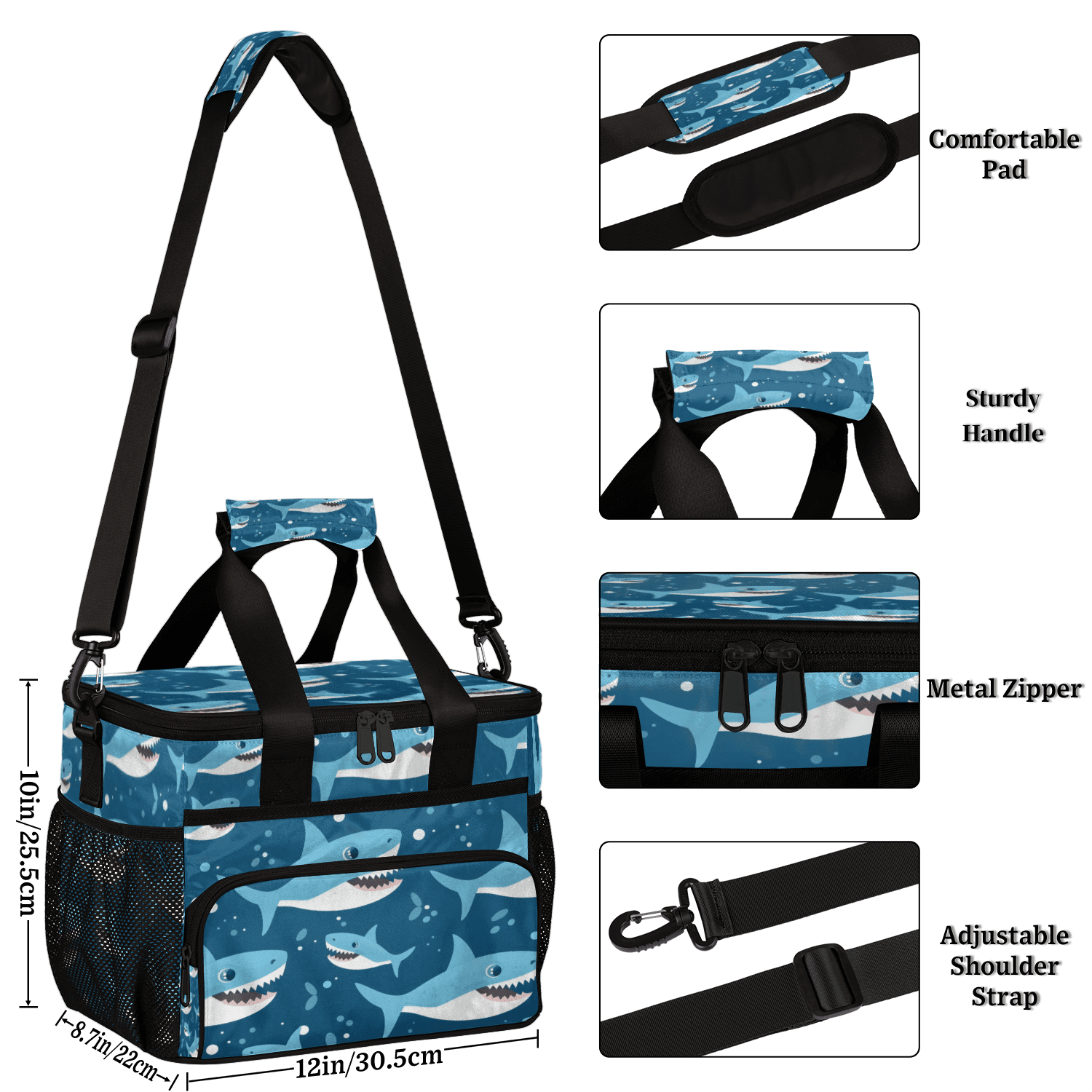 Herdesigns Shark Ocean Themed Large Lunch Box for Adults Women Men with Adjustable Shoulder Strap, Insulated Reusable Lunch Bag Leakproof Cooler Tote Bag