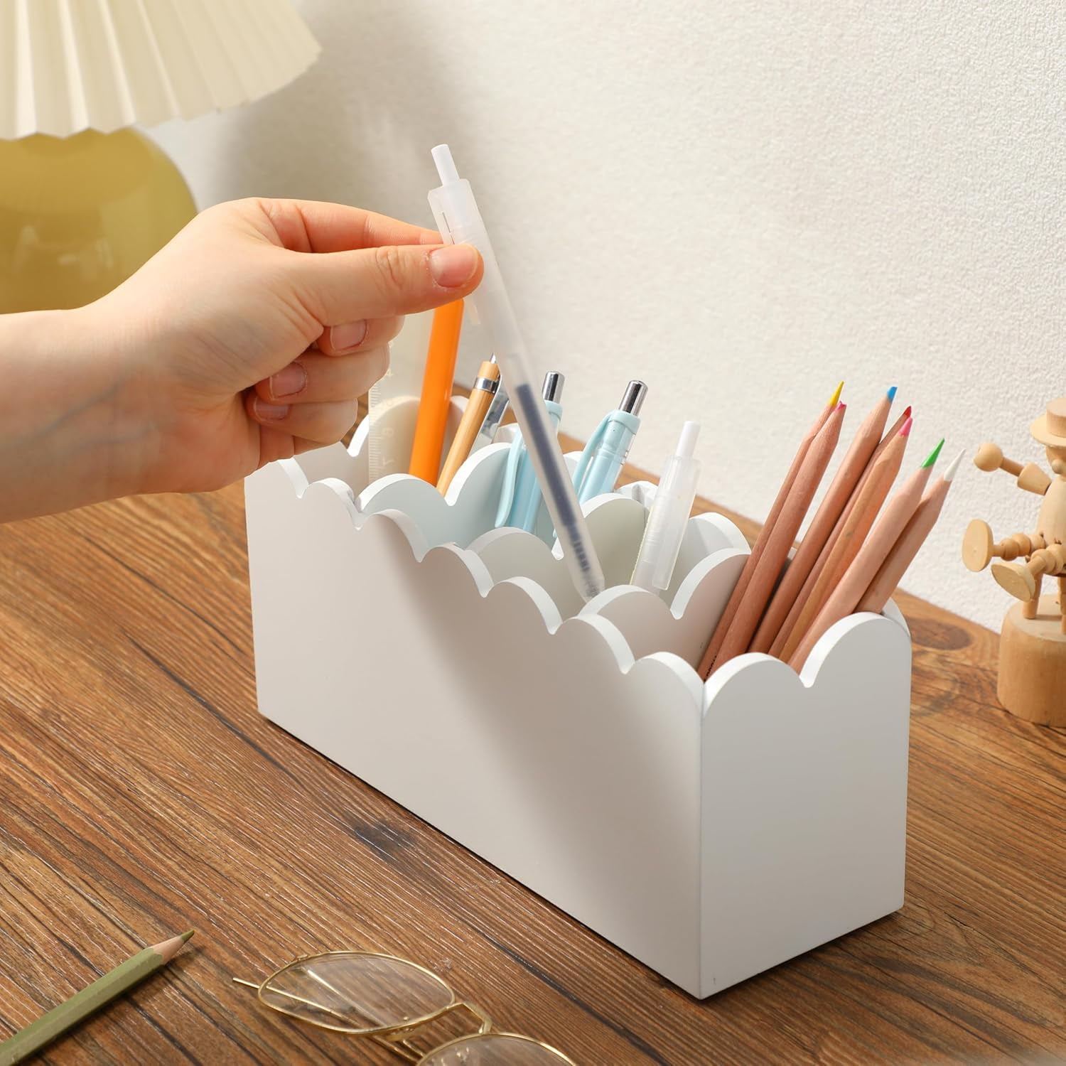 Scalloped Wooden Pencil Holder for Desk Wooden Office Desk Organizers and Accessories with 4 Compartments Cute Makeup Brush Holder Organizer for Bathroom Remote Caddy for Table for Party
