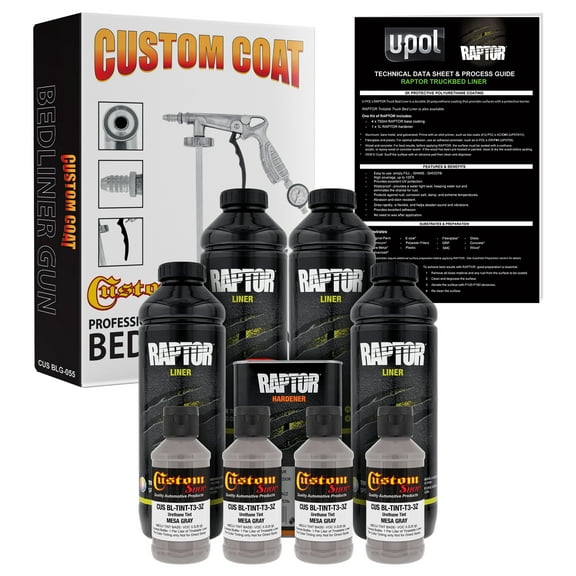 U-POL Raptor Mesa Gray Urethane Spray-On Truck Bed Liner Kit w/ FREE Custom Coat Spray Gun with Regulator, 4 Liters