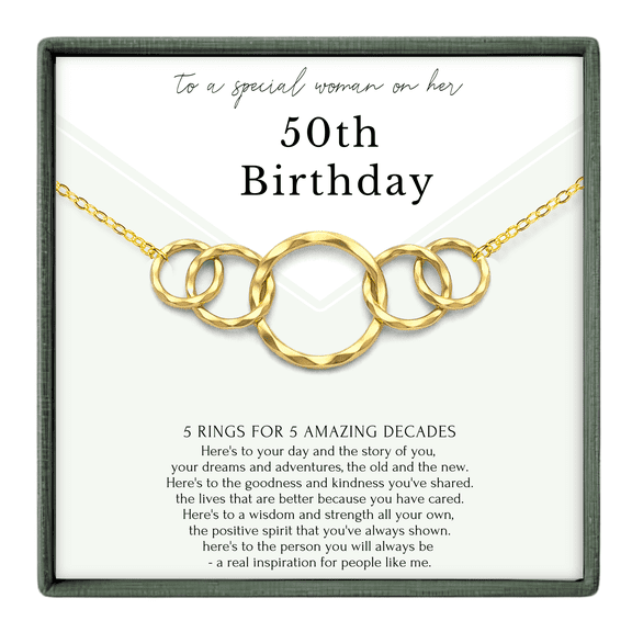 HOPE LOVE SHINE 50th Birthday Gift for Her – 5 Ring Gold Necklace, 5 Decades Jewelry