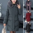 thumbnail image 2 of Winter Women Cotton Jacket with Furry Hood Neck Protection Plus Size Pockets Mid Length Zipper Closure Padded Coat Solid Color Windproof Outwear Parka, 2 of 8