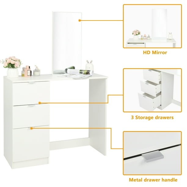 Ktaxon Modern Vanity Table with Mirror and 3 Drawers, White finish