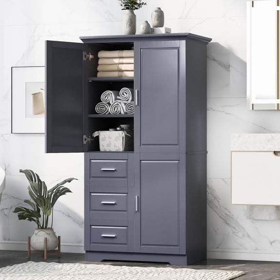 Knubmt 2 Doors Storage Cabinet with 3 Drawers, Wide Cabinet for Bathroom,Office,Living Room, Gray