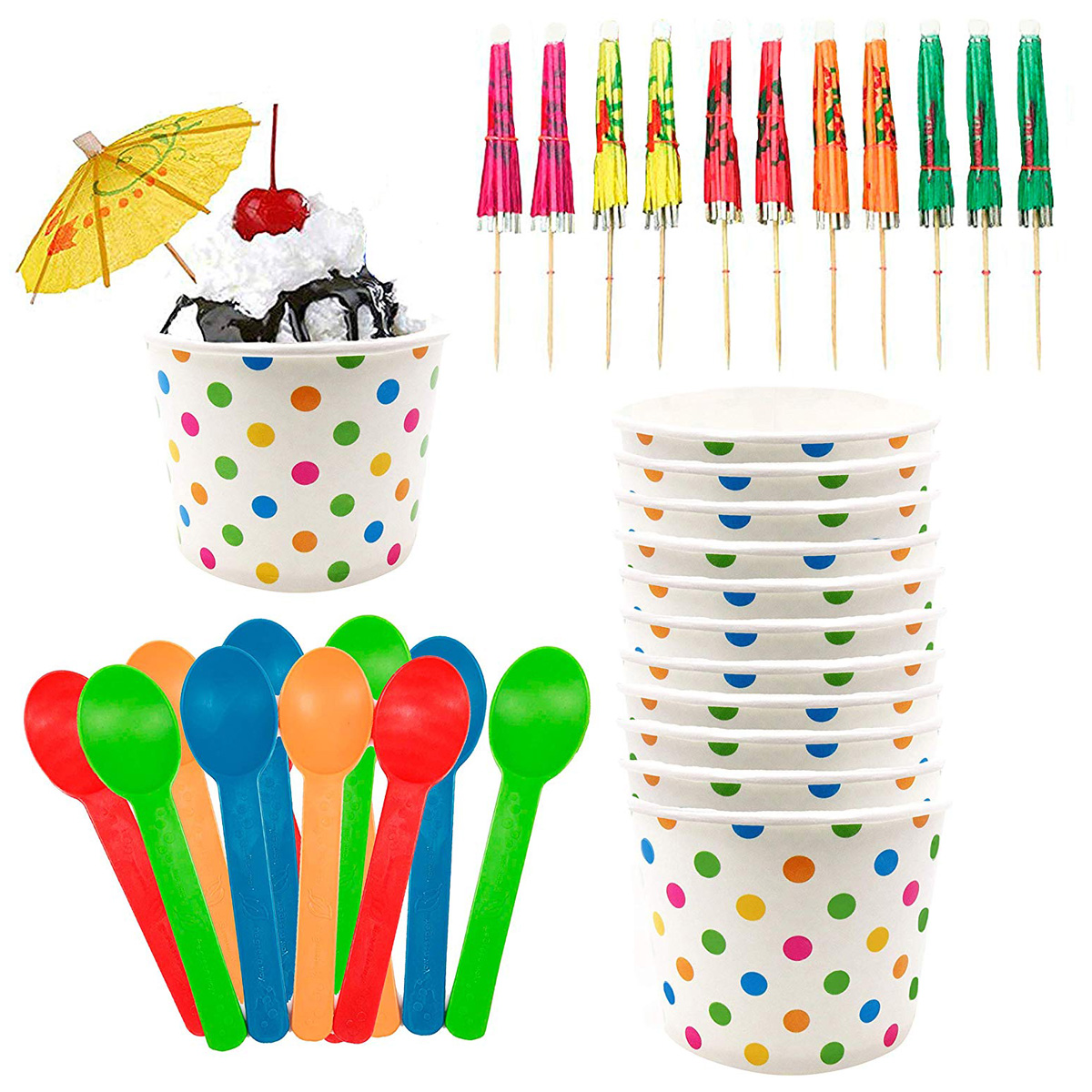 12 Pk Ice Cream Sundae Kit 12 Oz Treat Cups, Spoons, Umbrellas