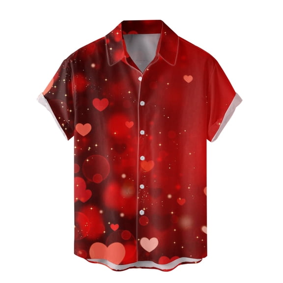 YAYUBA Mens Shirts Heart Print Valentine's Day Chambray Shirt Wrinkle Free Fashion Date Night Outfit Collar Button Up Tracksuits Sportwear Set
