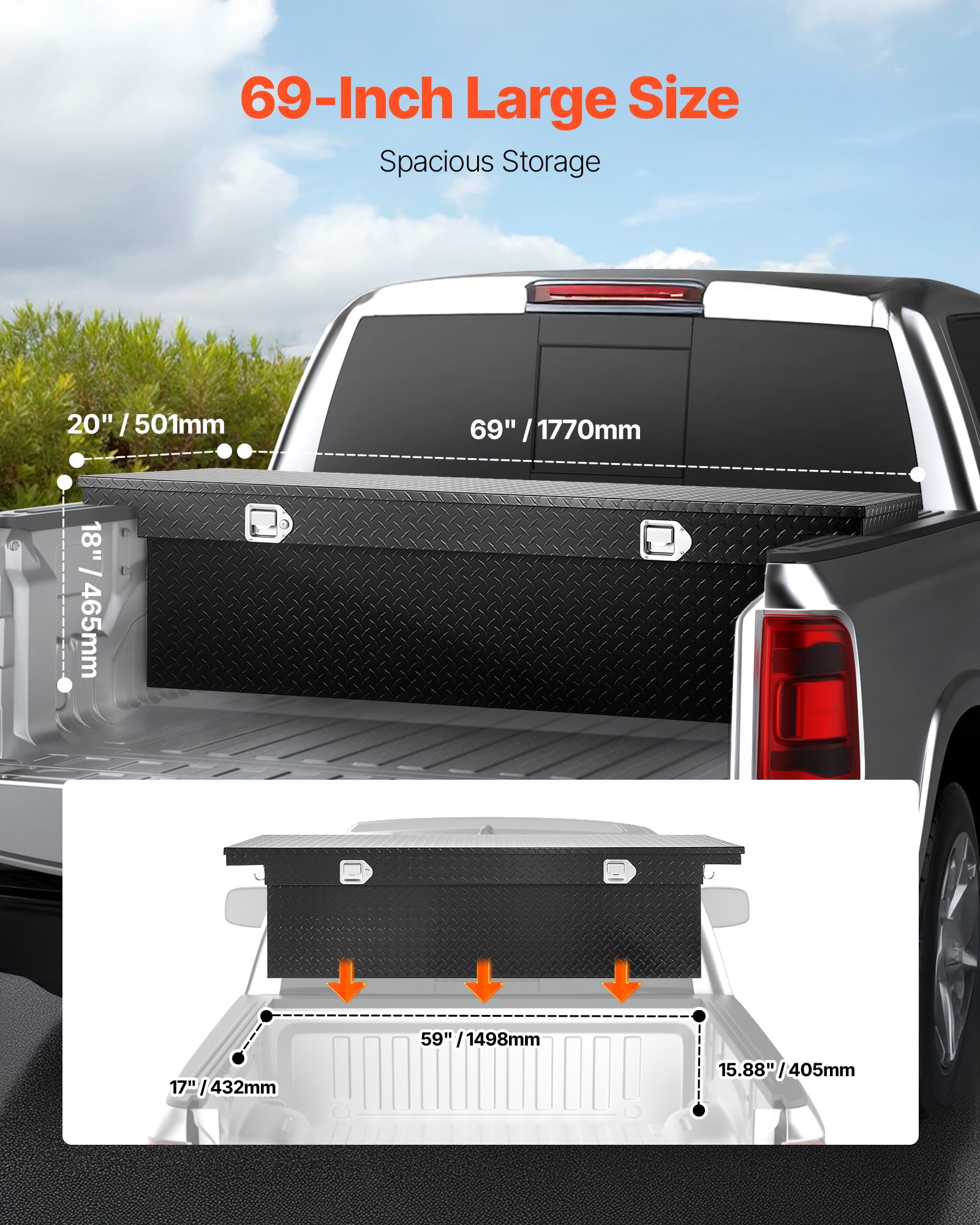 VEVOR Crossover Truck Tool Box, 69x20x18 In, Heavy Duty Aluminum Toolbox with Diamond Texture, Pick Up Truck Bed RV Trailer Toolbox, Waterproof Storage Organizer with Lock, Keys, Side Handles, Black