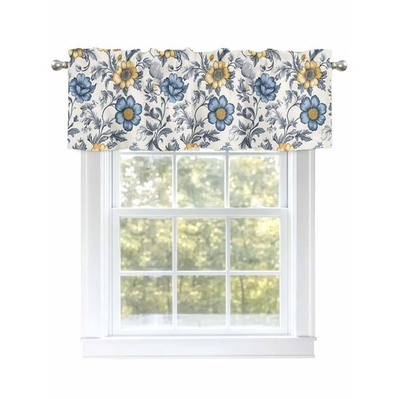 Vintage Flower Valances for Windows Abstract Floral Art Leaf Yellow Blue Kitchen Valance Curtain Rod Pocket Small Curtains for Cafe Bathroom Laundry Basement 42" x 12"