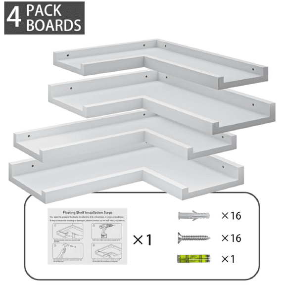 4 Tier Corner Wall Shelf, Floating Shelves with Lip, White Modern Corner Shelves Wall Mounted, Solid Pine Wood L Shaped Shelf for Living Room, Bedroom, Bathroom, Home Storage