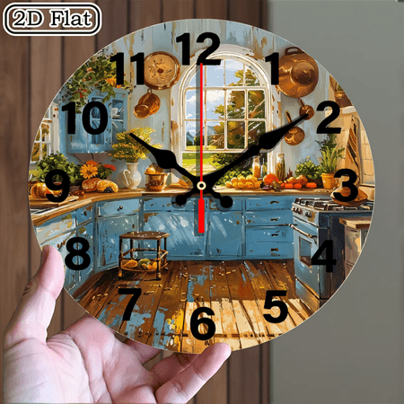 Rustic Kitchen Wall Clock Featuring Distressed Blue Cabinetry and Garden View, 10 x 10 Inch Round