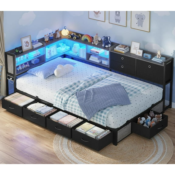 Twin Size Corner Bed Frame with Charging Station & LED Lights, Storage Headboard,Platform Bed Frame with 8 Storage Drawers & Bookcase, No Box Spring Needed,Twin Daybed Metal Slats,Black & Gray
