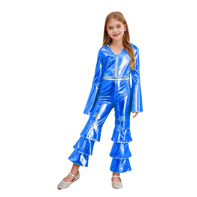 YiZYiF Enfants Filles Métallique Disco Fête Déguisement Manches Évasées Hippie Danse Combinaisons Barboteuse Performance Tenue de Danse Bleu Royal 8