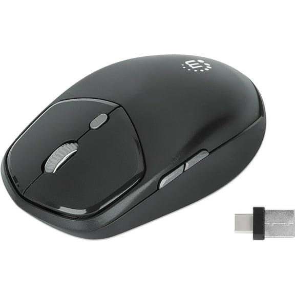 Manhattan Wireless Compact Travel Mouse – 2.4 GHz RF, 800/1200/1600 dpi, Six Buttons with Scroll Wheel, USB-A & USB-C 2-in-1 Receiver Dongle – for Laptop, Computer, PC