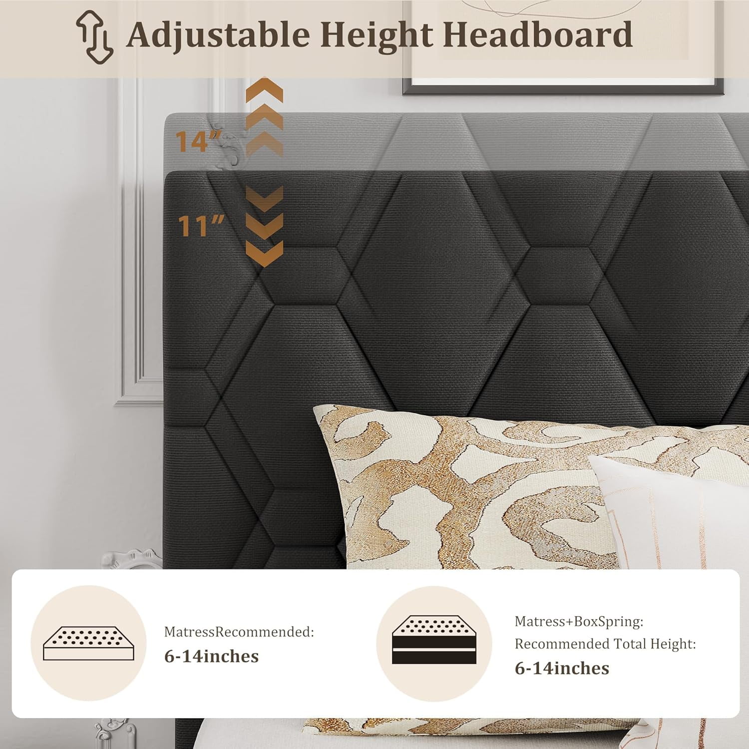 King Size Platform Bed Frame with Upholstered Headboard and Wooden Slats Support, Upholstered Mattress Foundation/No Box Spring Needed/Easy Assembly, Grey