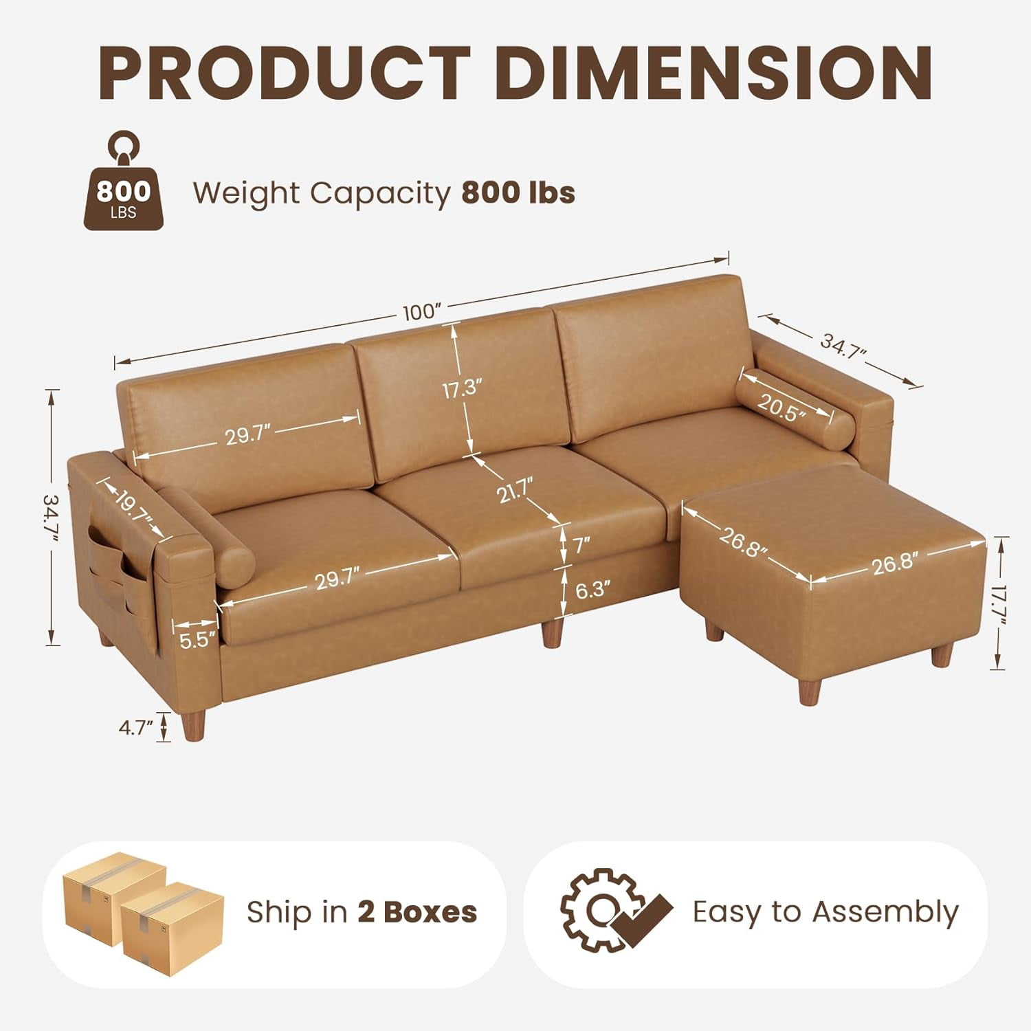 Neche 100" Faux Leather Couch with Movable Ottoman, 3 Seater L Shaped PU Leather Sofa with Side Pocket, Comfy Mid Century Modern Modular Sectional Couch for Living Room, Apartment, Camel