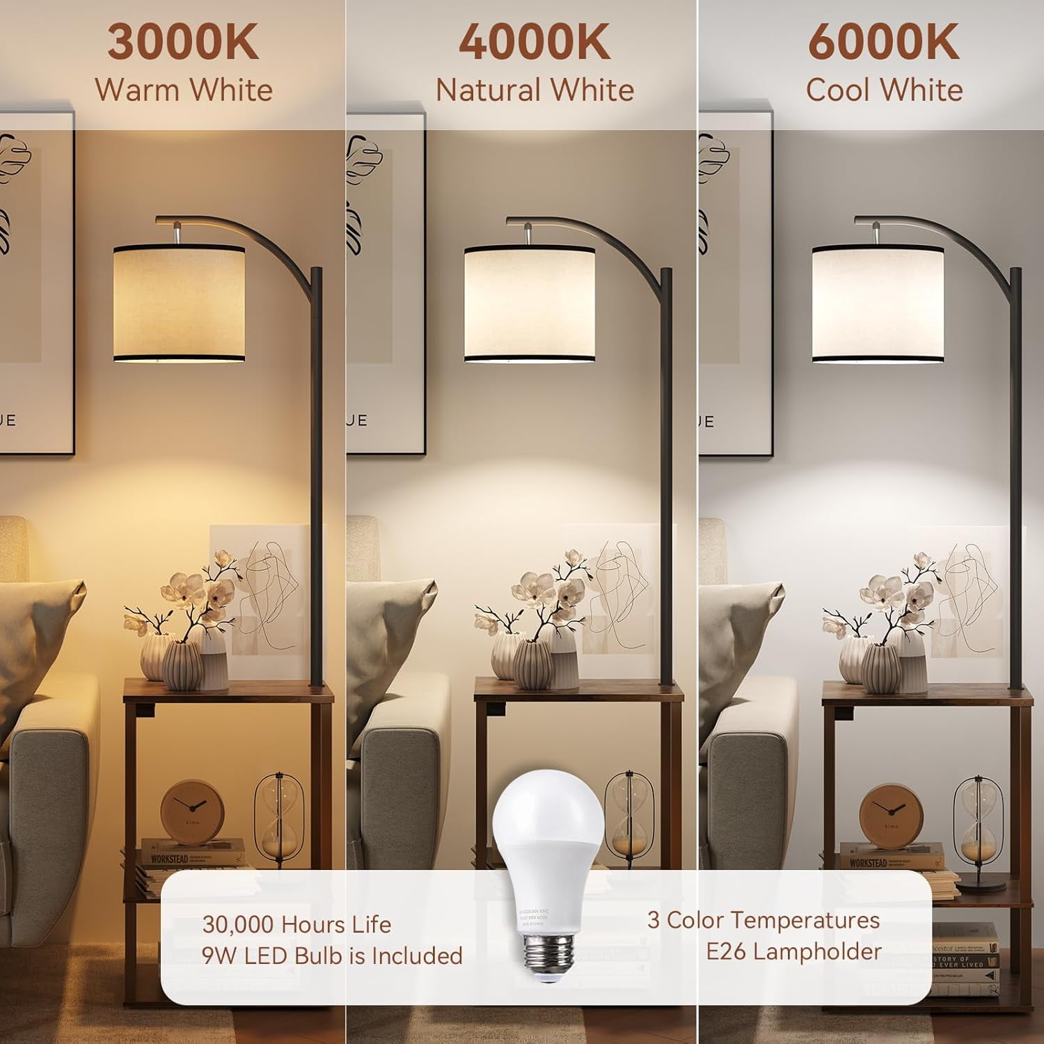 Floor Lamp with Table, End Table for Living Room with Lamp, Shelves Side Table with Charging Station(USB & AC Port), 3 Color Temperature LED Bulb, Modern Nightstand Lamp for Bedroom, Office