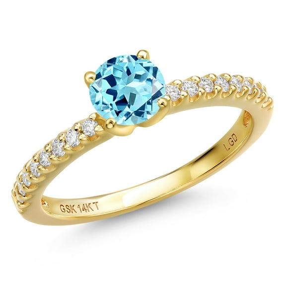 Gem Stone King 14K Yellow Gold Blue Apatite and Lab Grown Diamond Engagement Ring for Women | 0.66 Cttw | Round 5MM | Gemstone Birthstone | Size 9