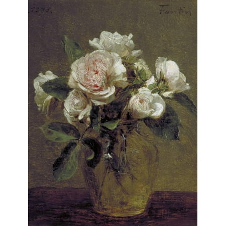 - White Roses in a Glass Vase, 1875 Flower Still Life Painting Print Wall Art By Henri Fantin-Latour