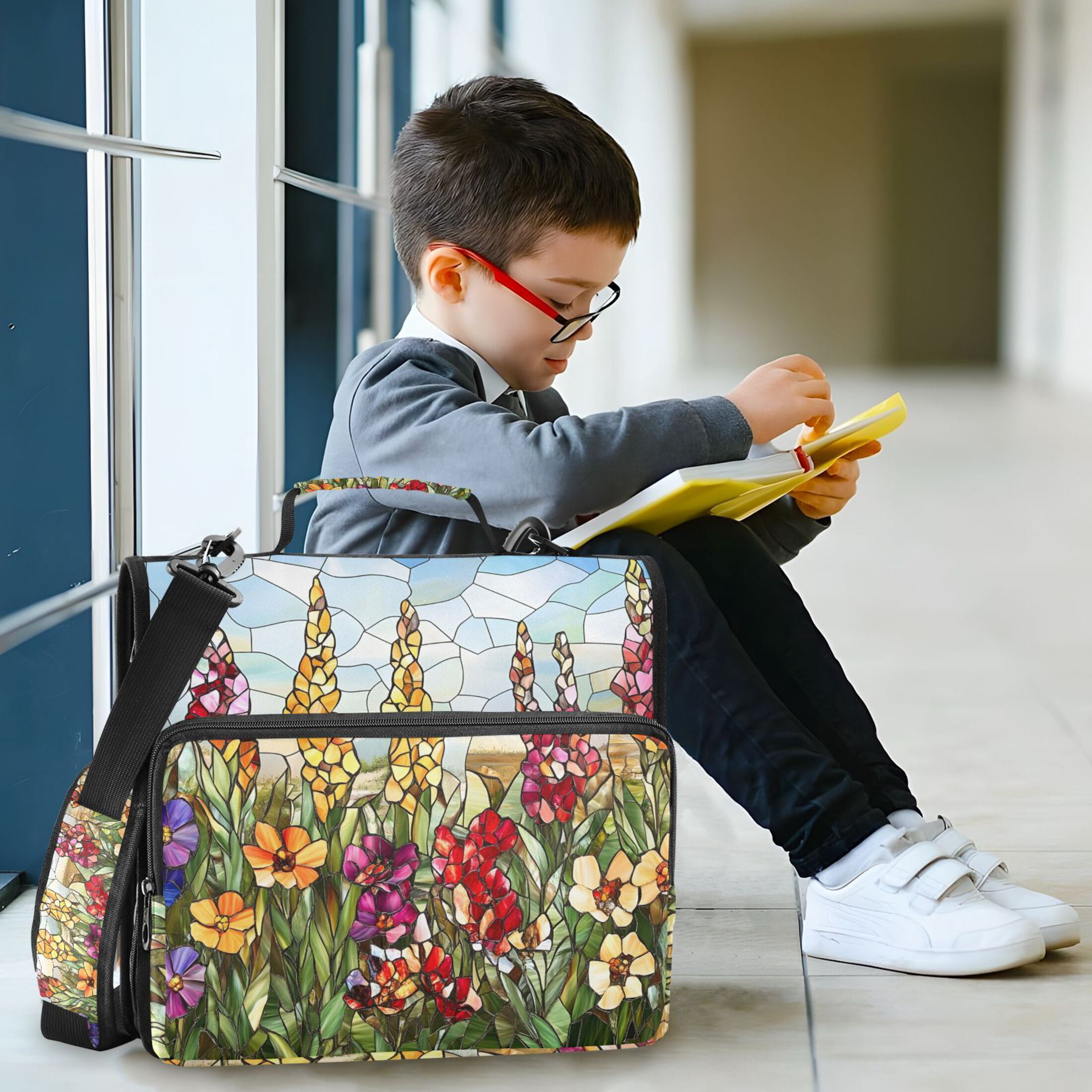 3 Ring Zipper Binder with Shoulder Strap Waterproof Trapper Keeper 2 Inch D-Ring 500 Sheets Capacity Colored Glass Flowers