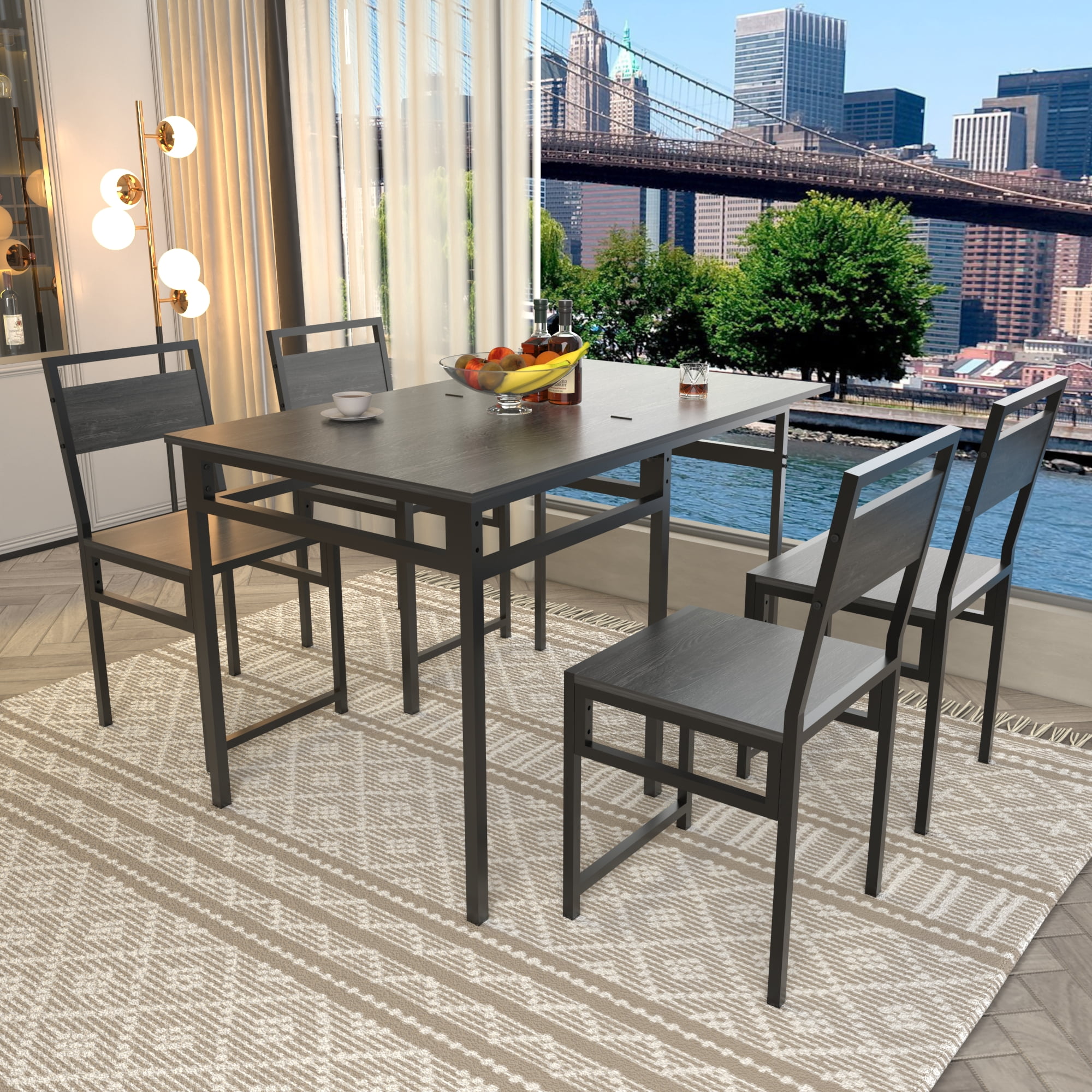 HOQBN Extendable Dining Table Set with 4 Chairs, Industrial Rectangular Kitchen Table,Wood Grain Metal Frame Space Saving Dinner Furniture for Small Family Apartment,Charcoal+Grey