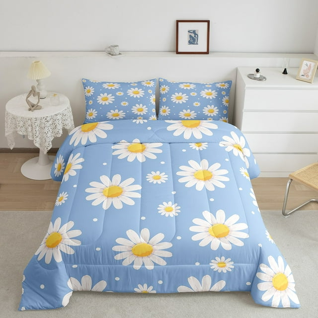 Erosebridal Rustic Groovy Bedding Twin Comforter Set, Daisy Flower Down Comforter, Blue, Reversible 2-Piece
