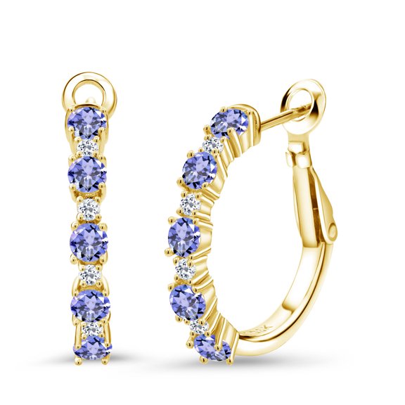 Gem Stone King 18K Yellow Gold Plated Silver Women Hoop Earrings Blue Tanzanite White Topaz (1.82 Cttw, Round Cut, 3/7 inch Diameter)