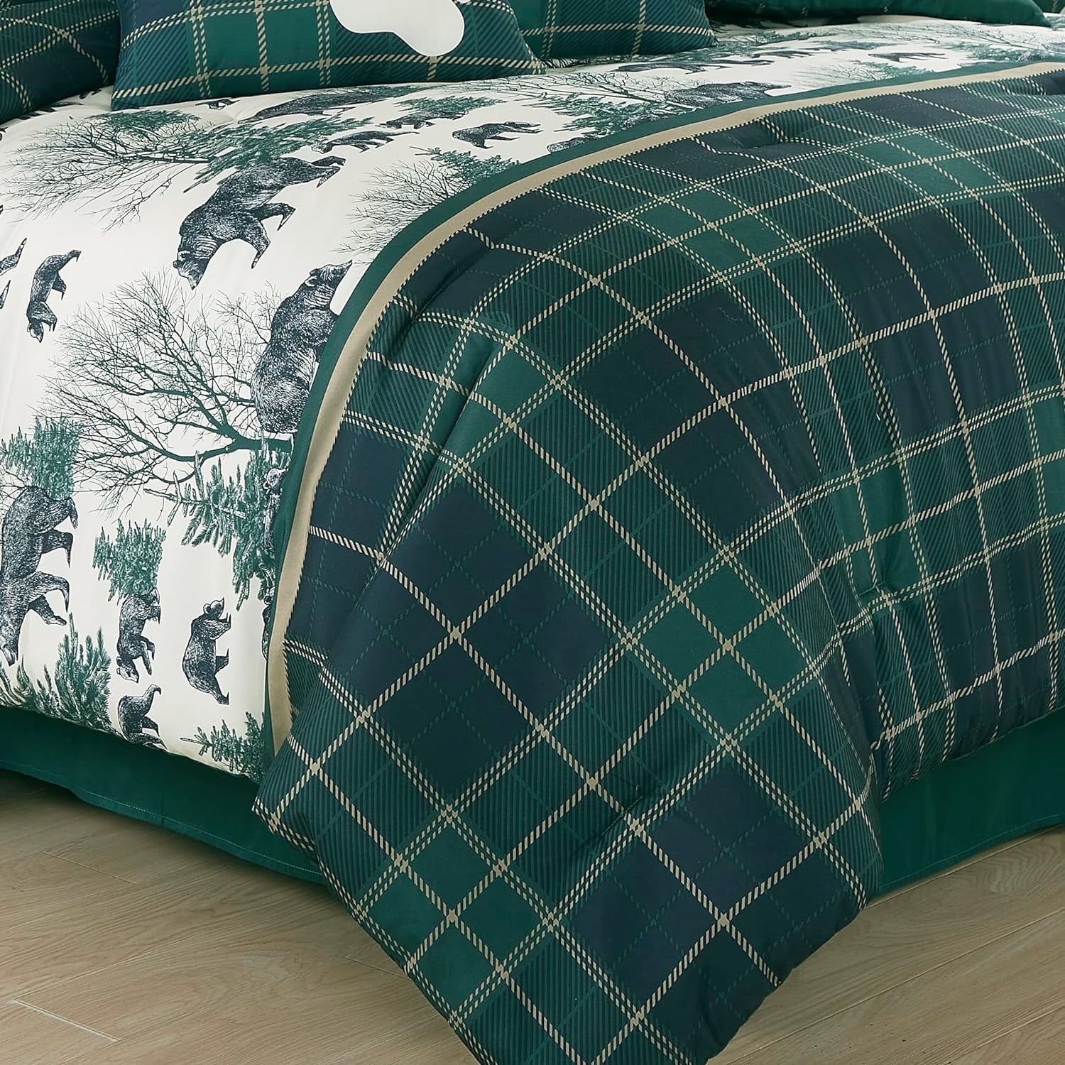 Chezmoi Collection Basin 7-Piece Northwest Cabin Lodge Comforter Set, Blue Green Ivory Tan Grizzly Bear Pine Tree Wilderness Printed Microfiber Bedding, Queen