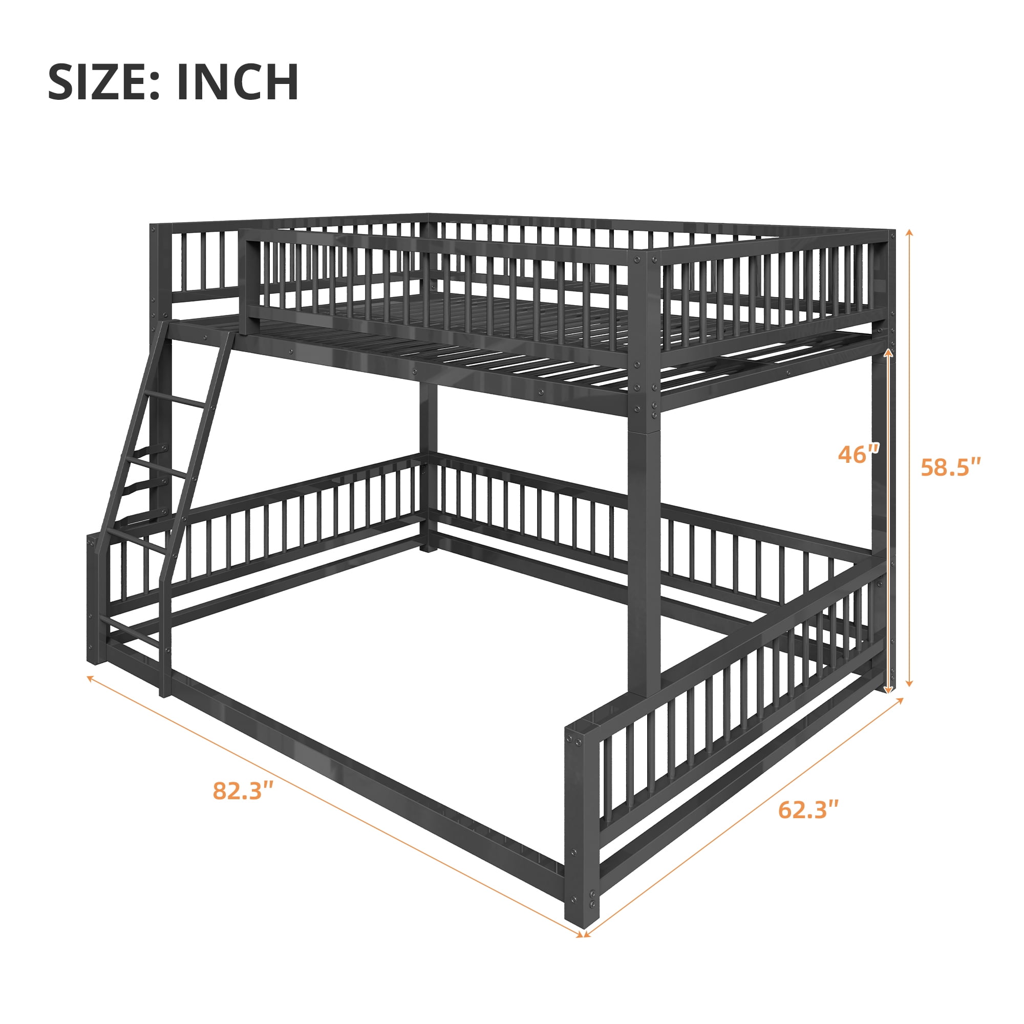 Euroco Metal Full XL over Queen Bunk Bed, Convertible Floor Bed with Ladder and Guardrails, Black