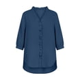 thumbnail image 3 of FRSASU Women's Casual Shirt V-Neck Button Down Ruffled Edge 3/4 Sleeve Oversize Peasant Blouses Beach Tops Dark Blue, 3 of 5
