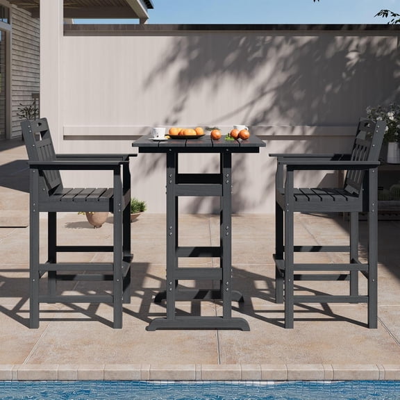 LLAUSAINT HOME 3 Pieces Outdoor Patio Furmiture Set, All-Weather HDPE Height Table and Adirondack Chairs Set of 2, for Balcony, Garden, Poolside, Black