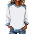 thumbnail image 2 of Women's Denim Trim Sweatshirt, Crewneck Pullover with Denim Accents, Long Sleeve Casual Loose Fit Top, Streetwear Fashion Crewneck Sweatshirt White S, 2 of 5