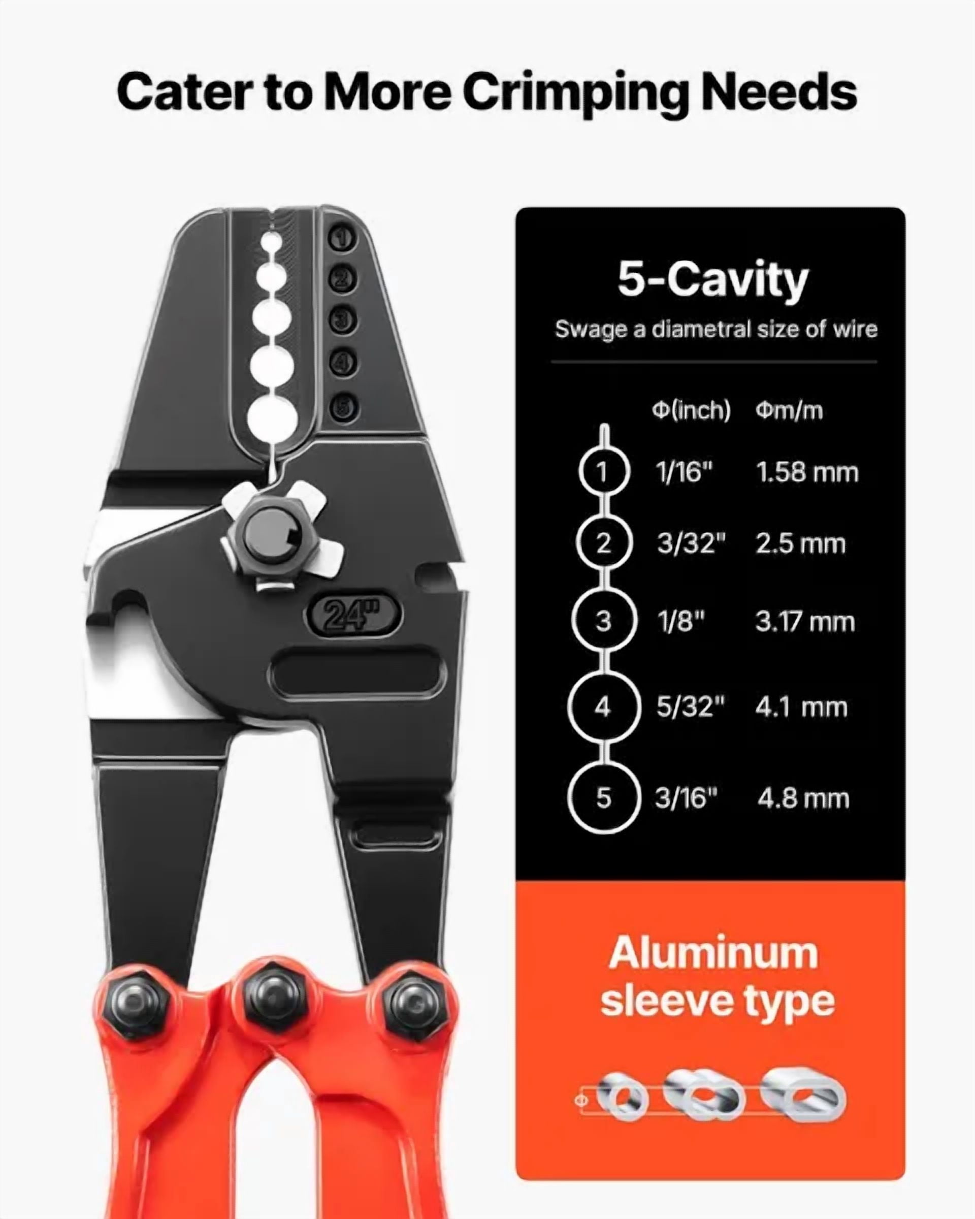 24-Inch Hand Swager Cable Wire Rope Cutter for 1/16" to 3/16" Aluminum and Copper Sleeves-Versatile Tool for DIY and Professional Use