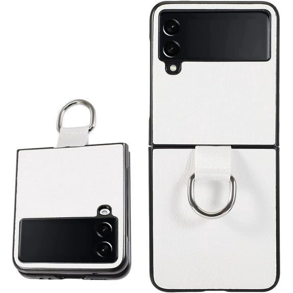 Phone Case for Samsung Galaxy Z Flip 4 5G, Ultra-Thin Protective Cover with Finger Ring Strap Leather Texture Shockproof Protective Case Heavy-Duty Full Protection Bumper Cover - White