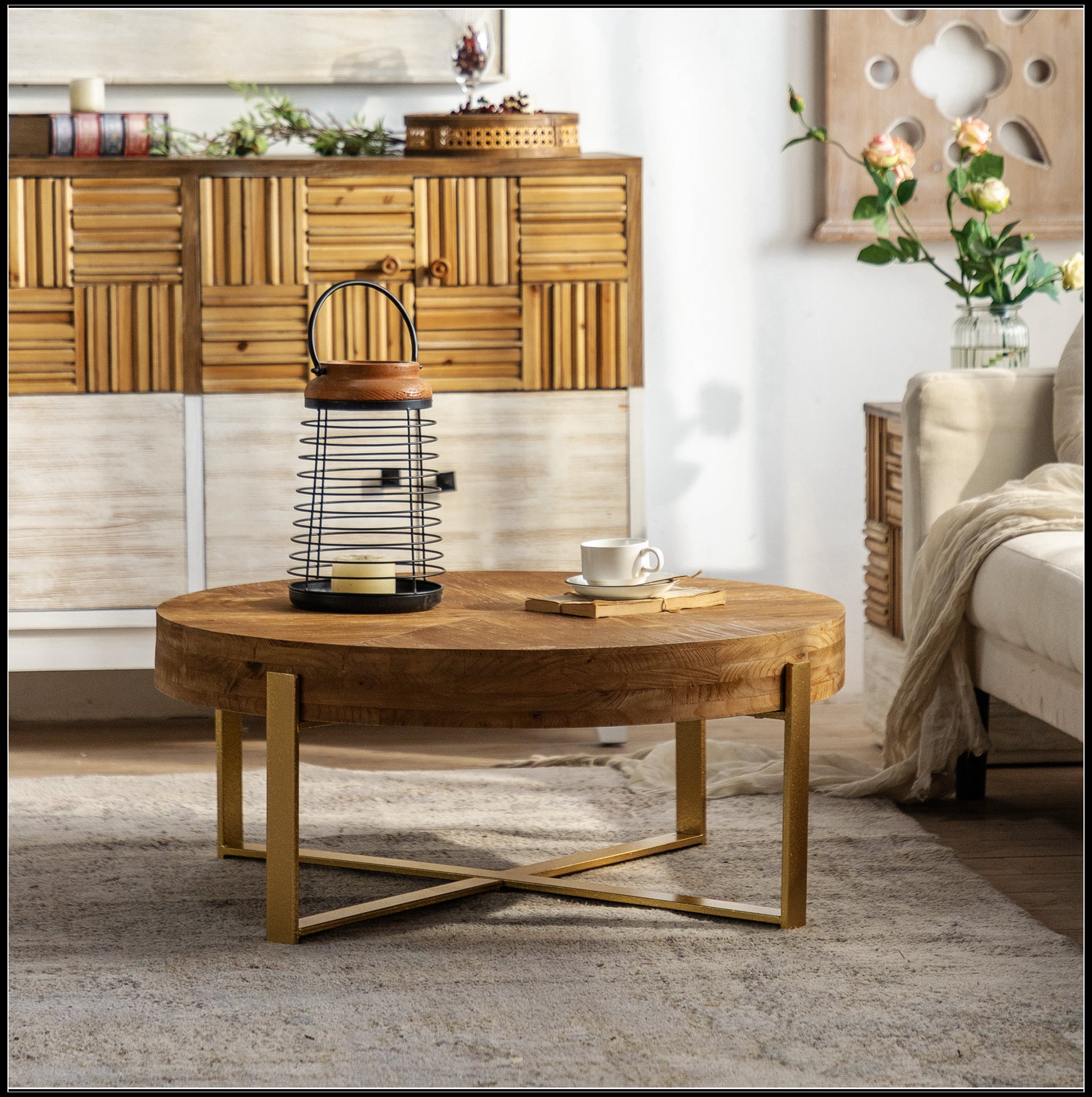 31.29"Modern Retro Splicing Round Coffee Table,Fir Wood Table Top with Gold Cross Legs Base(Same SKU:W757102843)